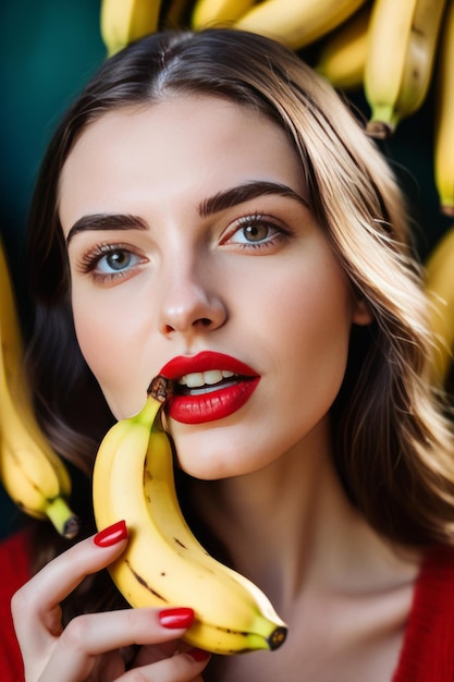 Mulher sexy com lábios vermelhos tomando uma mordida de banana amarela