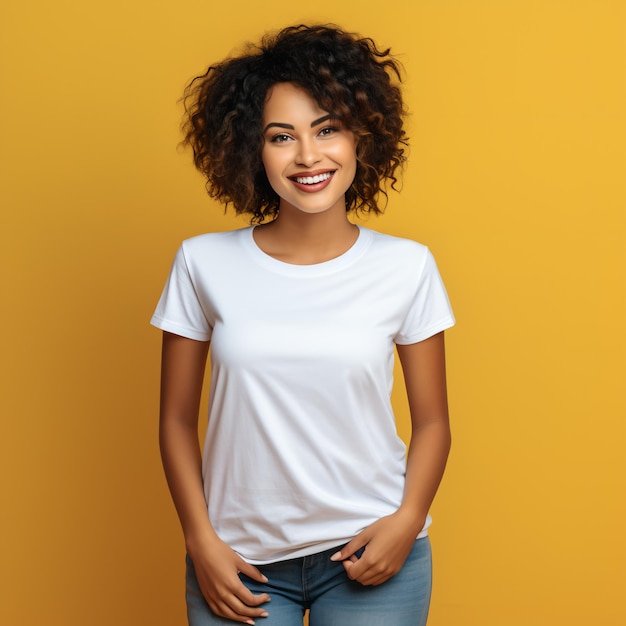 Mulher sexy com uma camiseta branca no fundo laranja Mockup