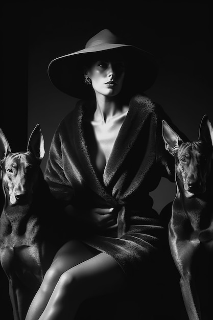 Mulher sexy e estilosa posando com cachorros Doberman no estúdio Vintage retro fashion Generative AI