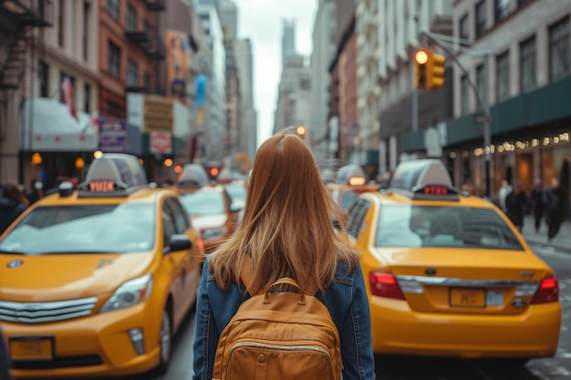 Mulher sinalizando um táxi em uma rua urbana