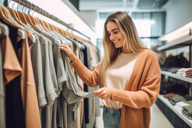 Mulher sincera comprando roupas em uma loja de departamentos Generative AI