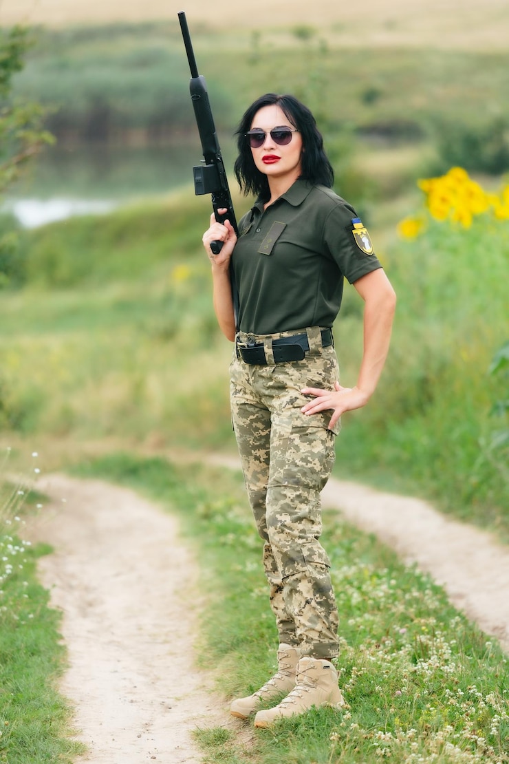 Foto mulher soldado em uniforme militar uma garota em uniforme militar com uma arma