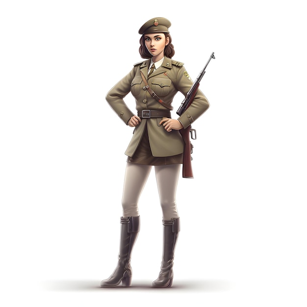 Mulher soldado em uniforme militar WW2 com metralhadora isolada no fundo branco