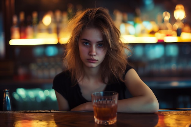 Mulher solitária num bar, perdida e desorientada com uma bebida diante da sua foto perfeitamente simétrica.