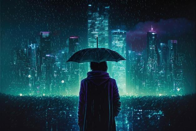 Mulher solitária segurando um guarda-chuva em uma cidade noturna Conceito de fantasia Ilustração pintura Generative AI