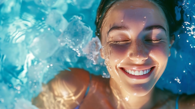 Mulher sorri enquanto nada em uma piscina