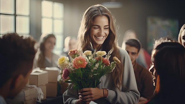 Mulher sorri segurando um buquê de flores em um gesto alegre de agradecimento aos dias do professor