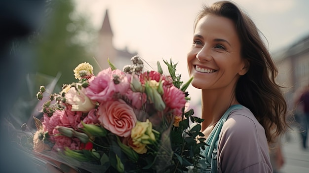 Mulher sorri segurando um buquê de flores em um gesto alegre de apreço