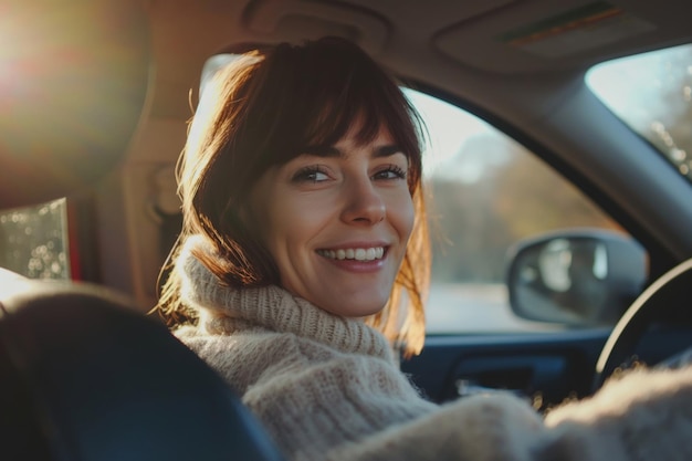 Mulher sorridente a desfrutar de um passeio de carro ensolarado