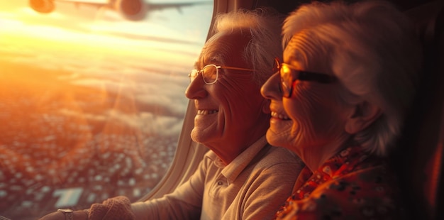 Mulher sorridente a olhar para o marido num avião privado.