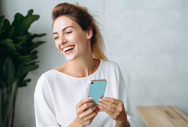 Mulher sorridente alegre com telefone na mão gerado por IA