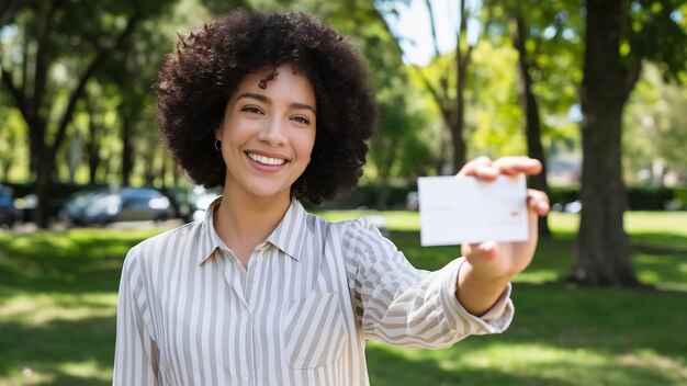 Foto mulher sorridente apontando para um cartão de visita em branco no parque da cidade