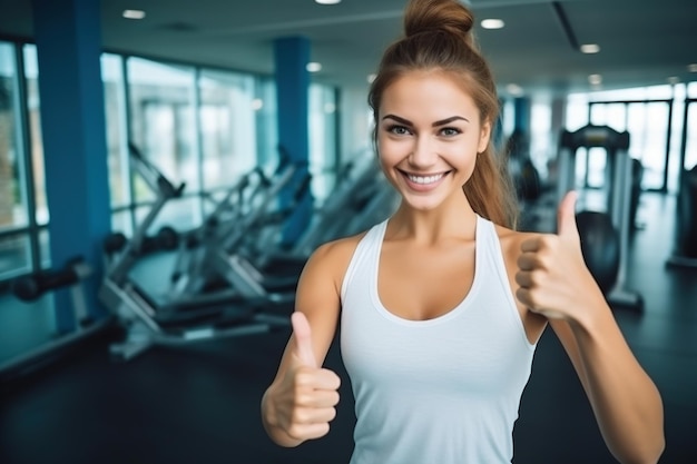 Mulher sorridente aptidão e polegares para a saúde treino e treinamento para viver um bem-estar ativo