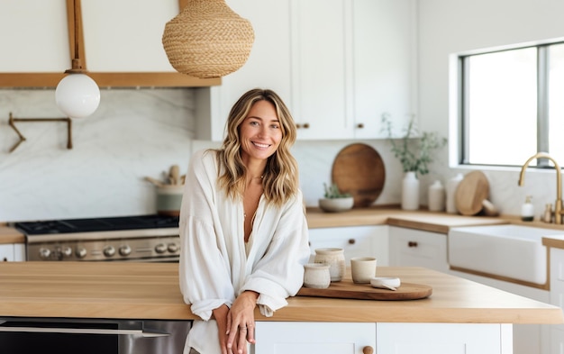 Mulher sorridente atrás da cozinha rústica moderna