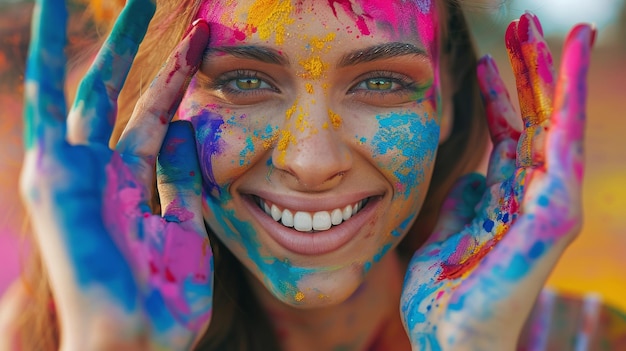 mulher sorridente com as mãos cheias de pintura expressando criatividade e felicidade