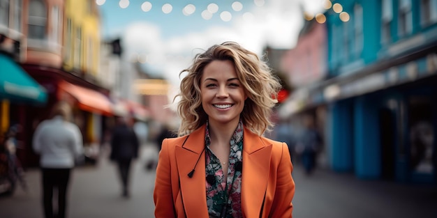 Mulher sorridente com blazer laranja em um estilo urbano vibrante de rua da cidade e positividade AI