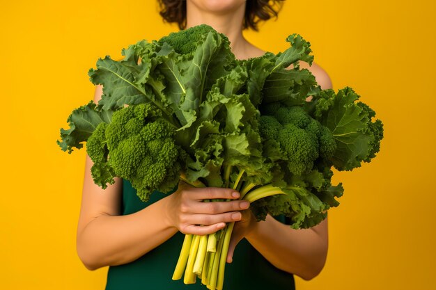 Foto mulher sorridente com brócolis fresco nas mãos para uma refeição nutritiva