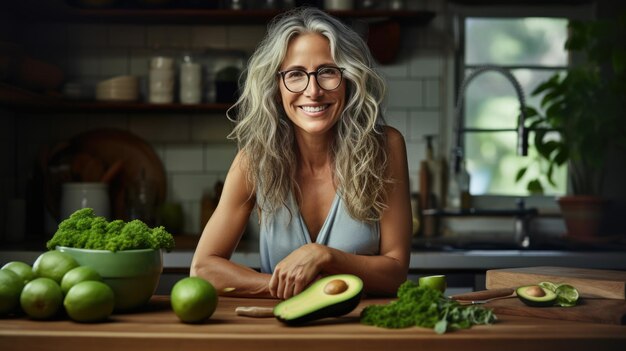 Mulher sorridente com cabelo cinzento enrolado usando óculos segurando um smoothie verde em uma cozinha moderna com legumes frescos na bancada