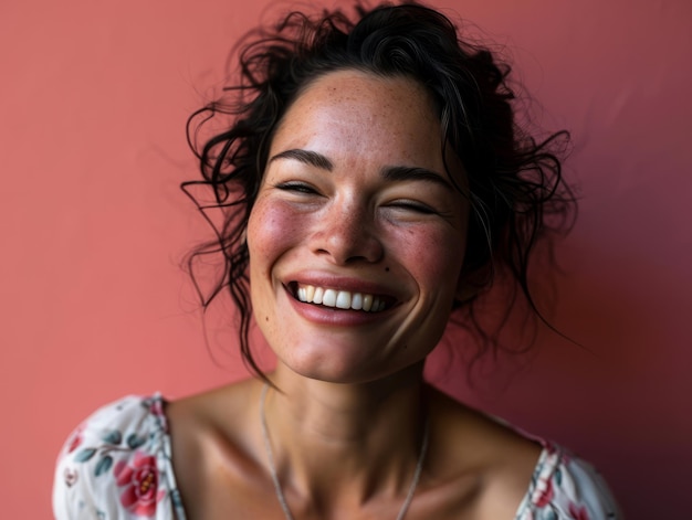 Mulher sorridente com cabelos cacheados em fundo rosa