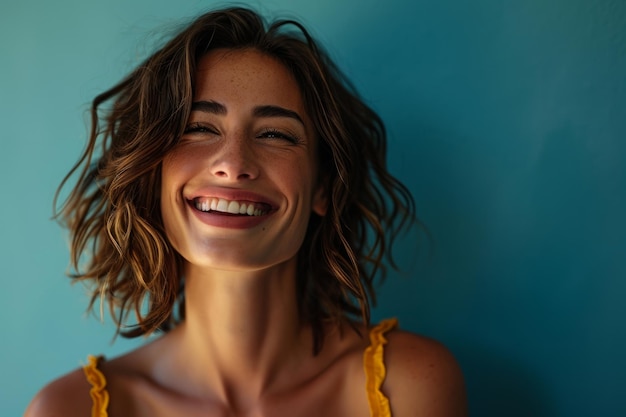 Mulher sorridente com cabelos curtos contra um fundo azul