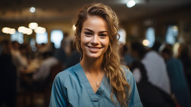 mulher sorridente com camisa azul em pé em um restaurante lotado Generative AI