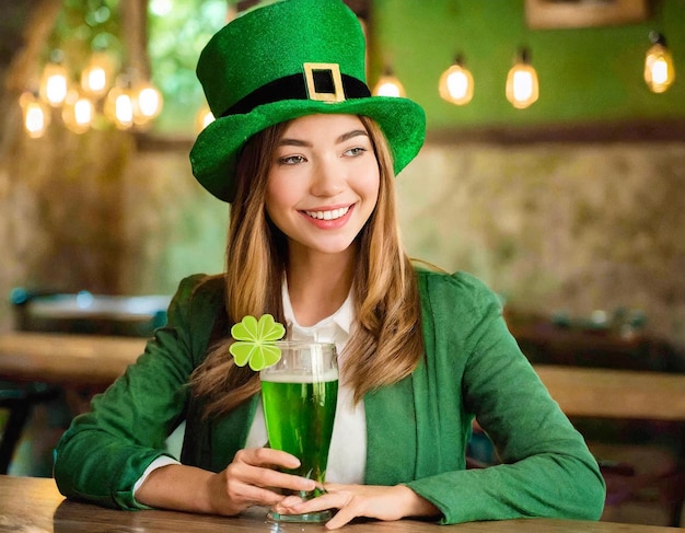 Mulher sorridente com chapéu comemorando o dia de São Patrício no bar com uma bebida