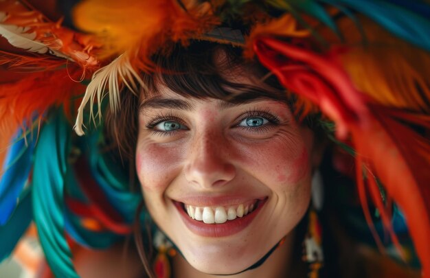 Mulher sorridente com chapéu de penas coloridas