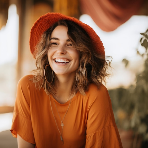 Mulher sorridente com chapéu vermelho