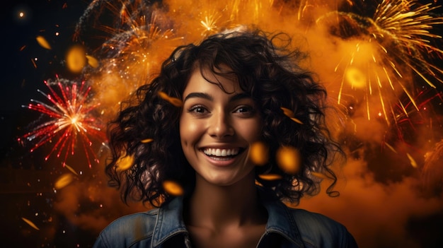 Mulher sorridente com fogos de artifício