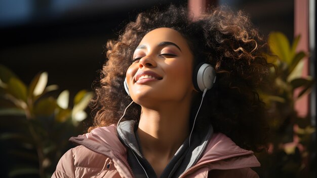 Foto mulher sorridente com fones de ouvido e olhos fechados ia generativa