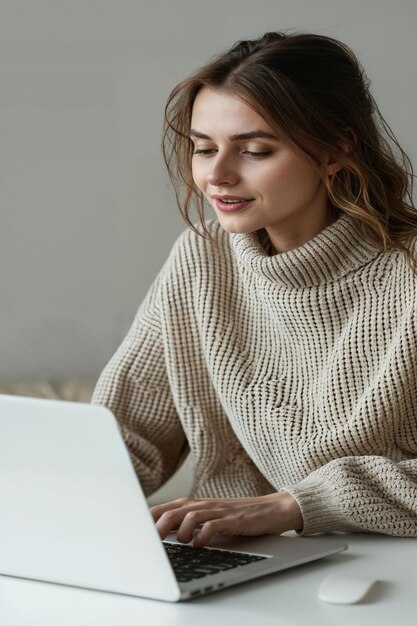 Mulher sorridente com laptop em suéter aconchegante