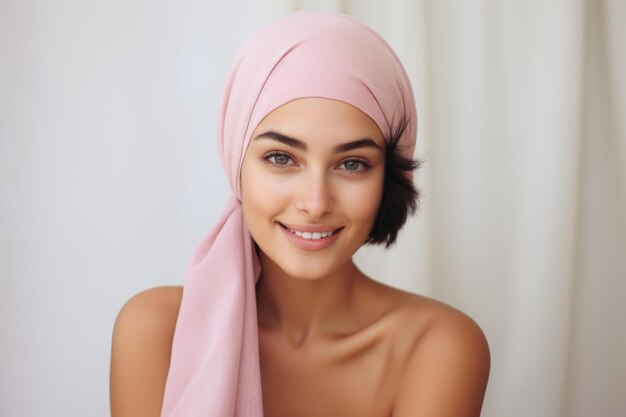 Mulher sorridente com lenço rosa conceito de conscientização sobre o câncer