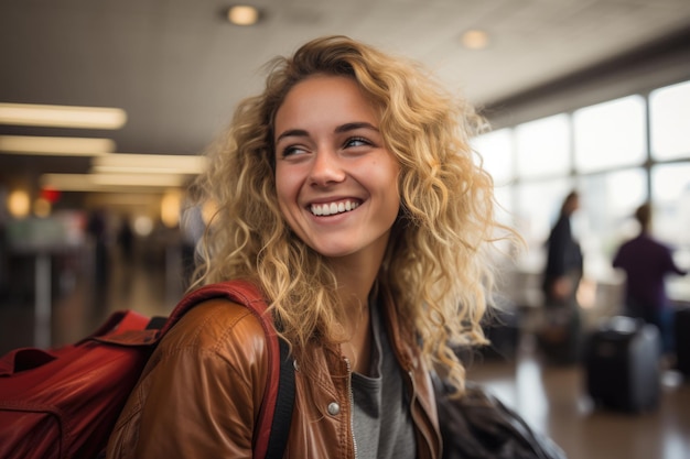 Mulher sorridente com mochila