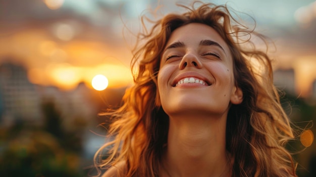 Foto mulher sorridente com o cabelo a soprar no vento