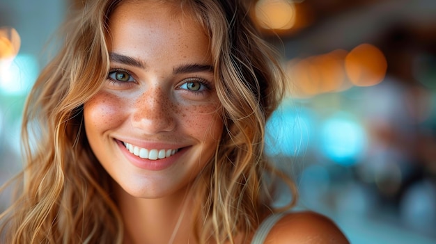 Mulher sorridente com olhos azuis em close-up AI generativa