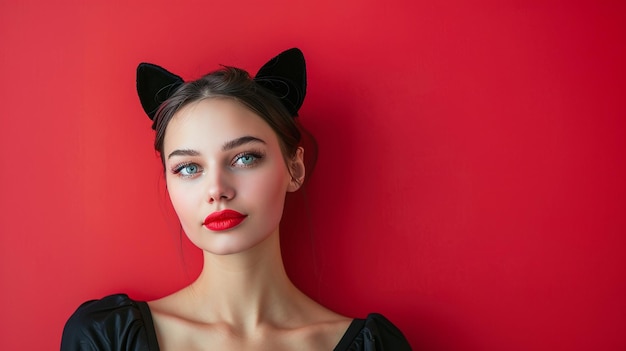 Mulher sorridente com orelhas de gato Cartão de saudação festivo para o Dia dos Namorados e Festa de Halloween