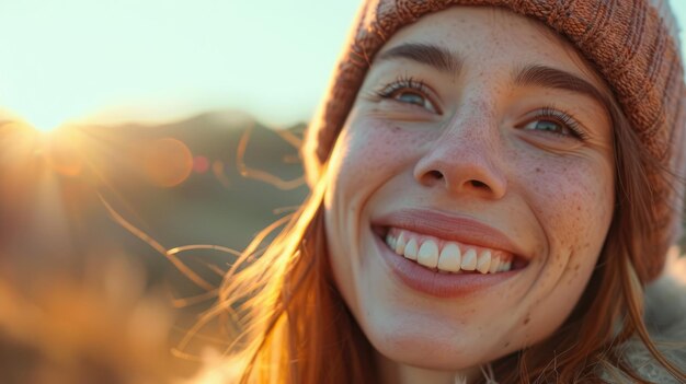 Foto mulher sorridente com sardas usando boné ao pôr do sol