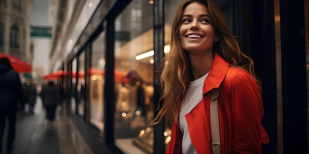 Mulher sorridente com uma jaqueta vermelha desfruta de um estilo de vida urbano e um momento alegre de moda capturado em movimento AI