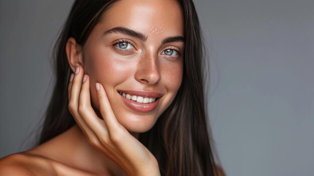 Mulher sorridente com uma mão tocando suavemente seu rosto exibindo pele clara e uma expressão alegre