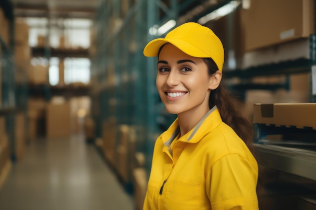 Foto mulher sorridente com uniforme amarelo e boné combinados está em um armazém exalando positividade