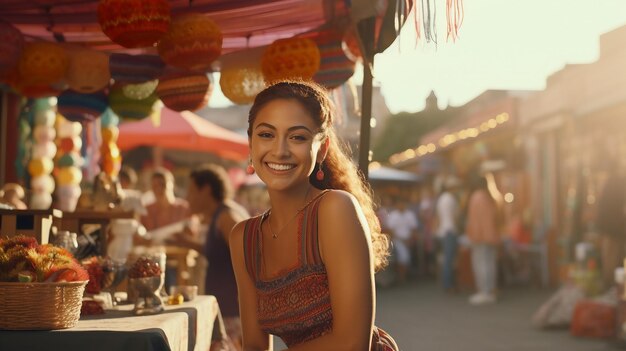 Mulher Sorridente Com Vestido Colorido Mês Da Herança Hispânica