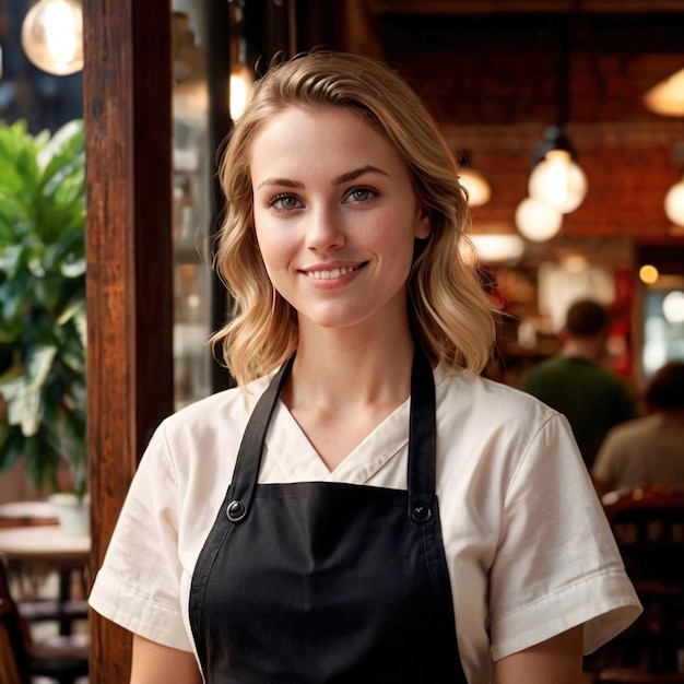 Mulher sorridente cumprimentando os clientes na entrada do café