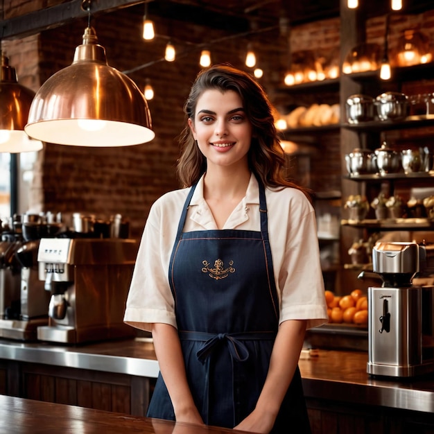 Mulher sorridente cumprimentando os clientes na entrada do café