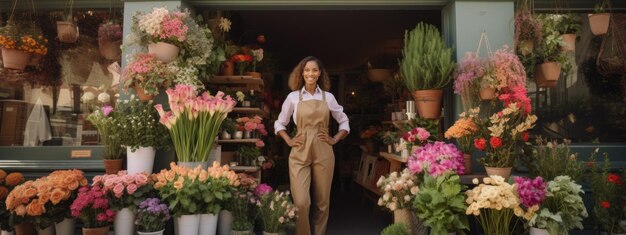 Foto mulher sorridente de avental com os braços cruzados de pé contra sua florista