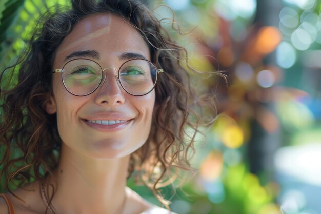 Mulher sorridente de cabelos rizados com óculos circulares