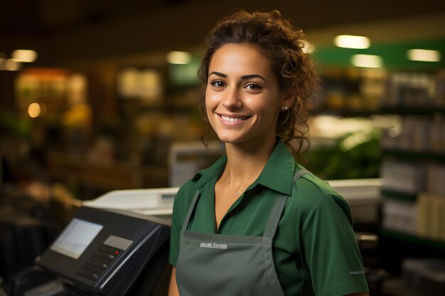 Foto mulher sorridente de camisa verde de pé em frente à caixa registadora ai geradora