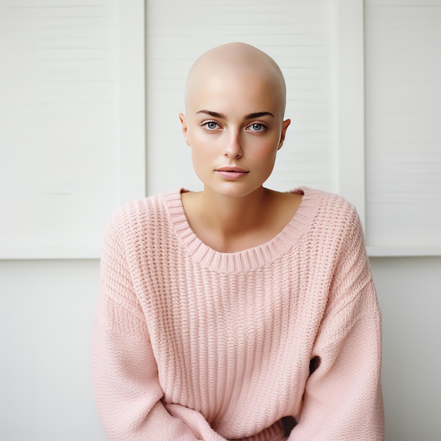 Mulher sorridente de camisola rosa a lutar contra o cancro da mama IA generativa