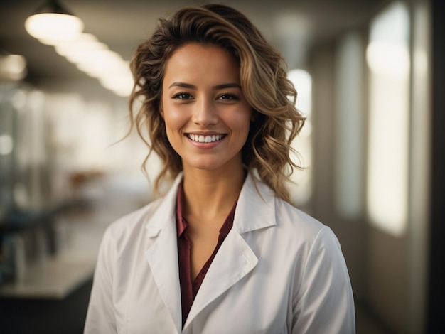 Mulher sorridente de casaco de laboratório branco e camisa