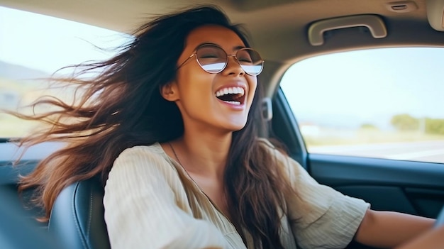 Foto mulher sorridente de ia generativa dirigindo um carro