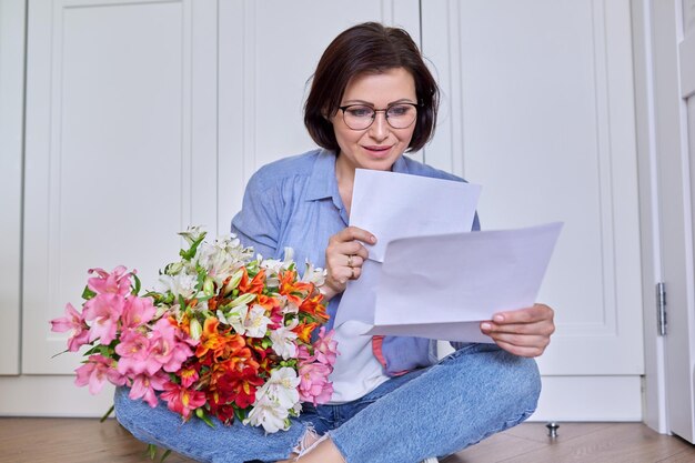 Mulher sorridente de meia-idade com um buquê de flores lendo papel